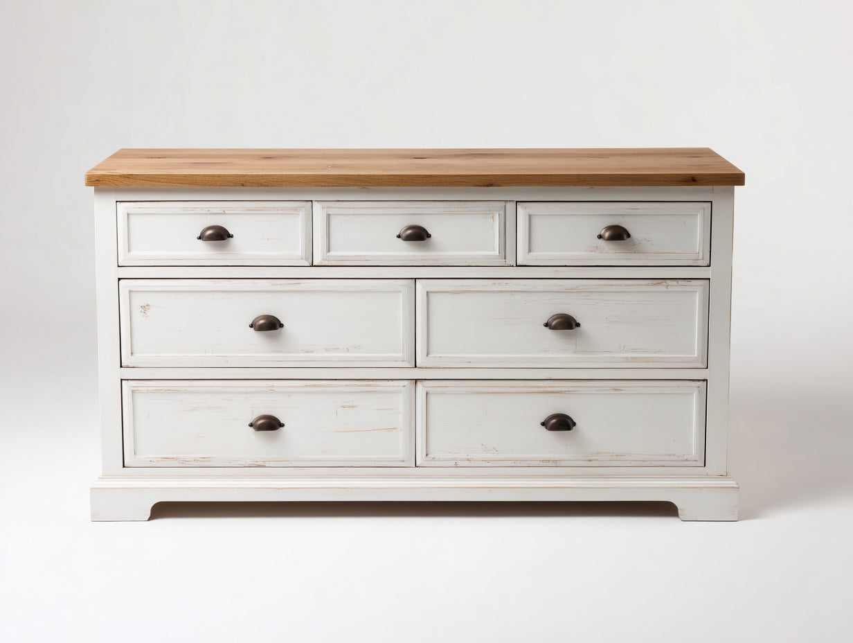 Cómodas de madera 130x45x82 cm - blanco-marrón - estilo rústico con 7 cajones