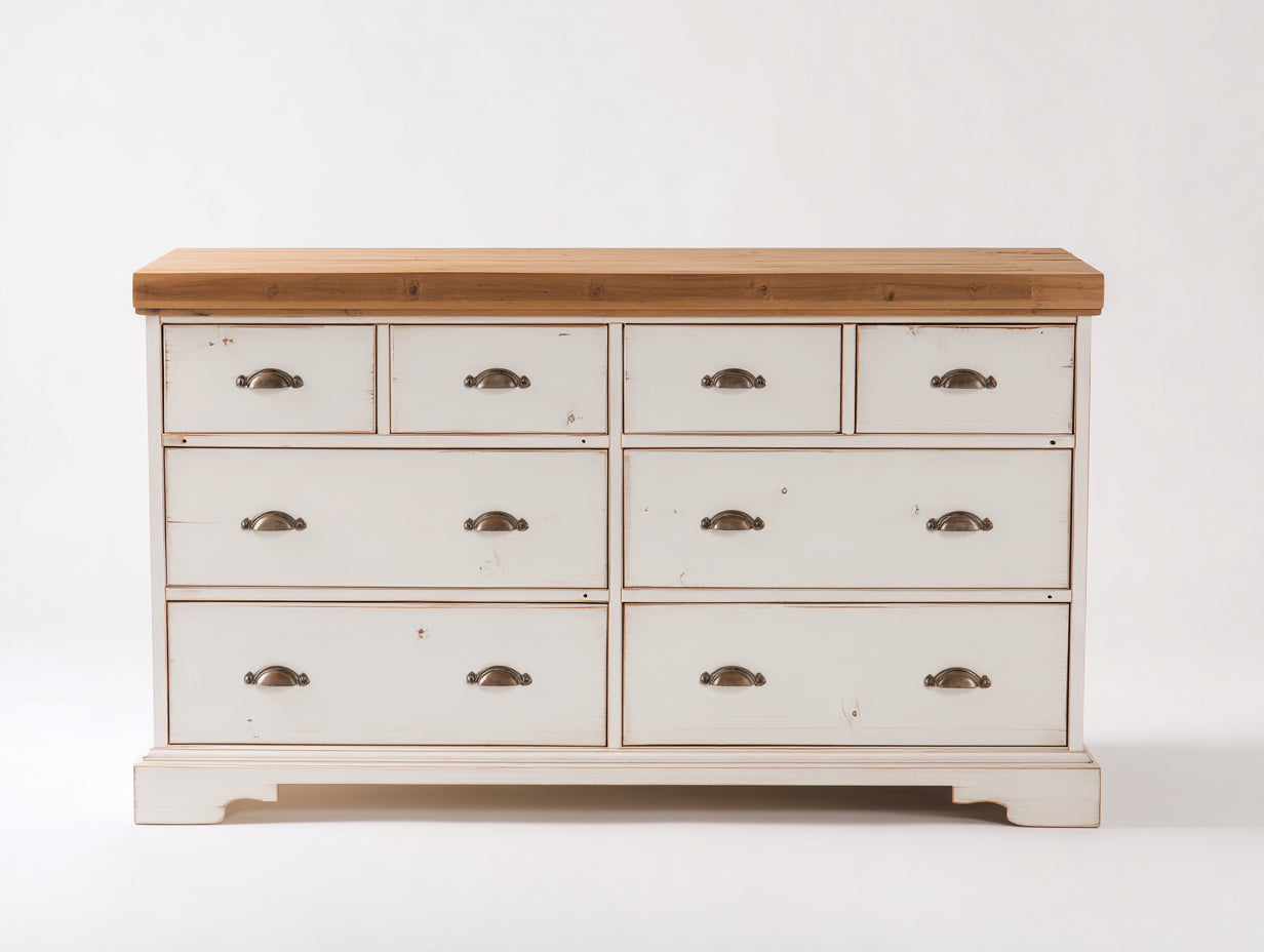 Cómoda de madera 160x45x90 cm - blanco-natural - con 8 cajones